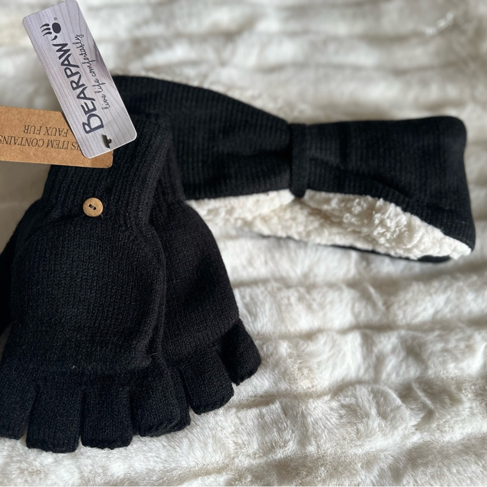 Women's Bearpaw Headband and Pop Top Hand Mittens Set in Black ($45 value)  -NWT